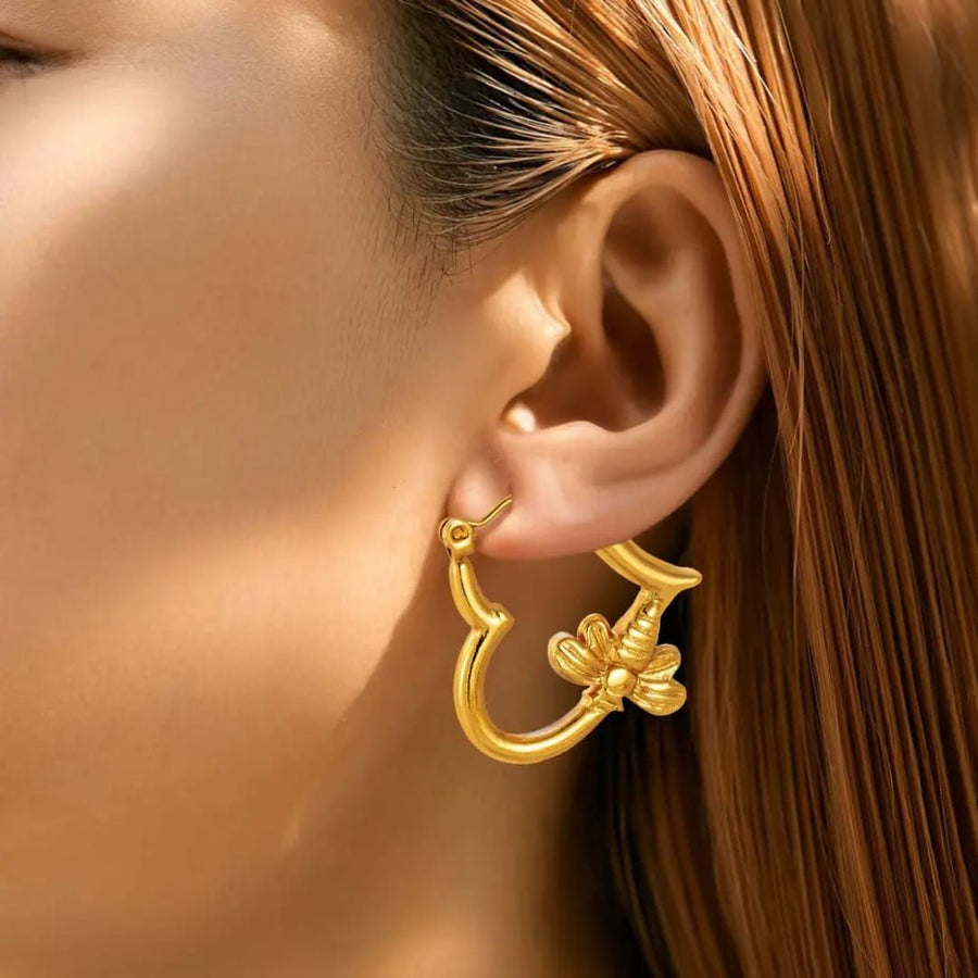 Golden Heart Butterfly Hoops Earrings