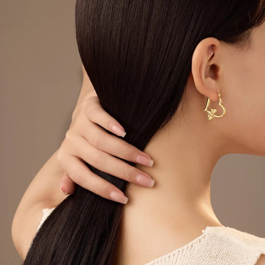 Golden Heart Butterfly Hoops Earrings
