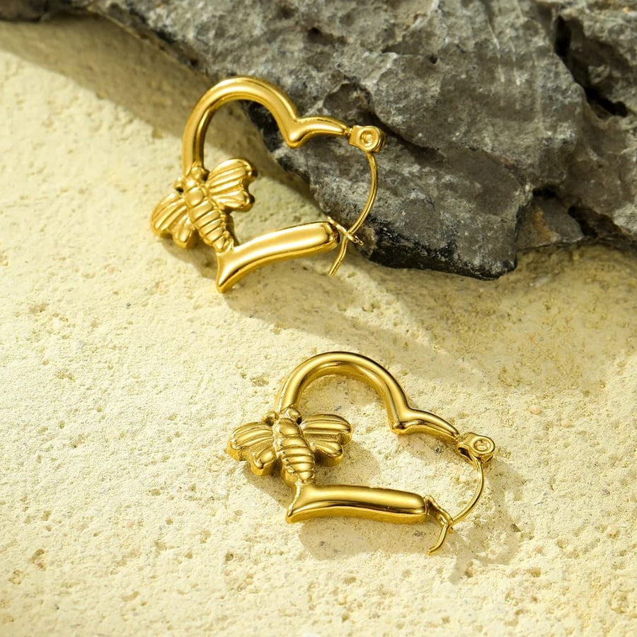 Golden Heart Butterfly Hoops Earrings
