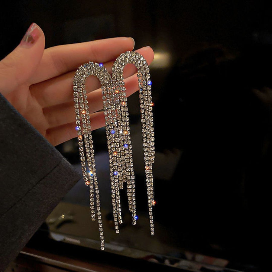 Rhinestone Silver Long Chain Earrings