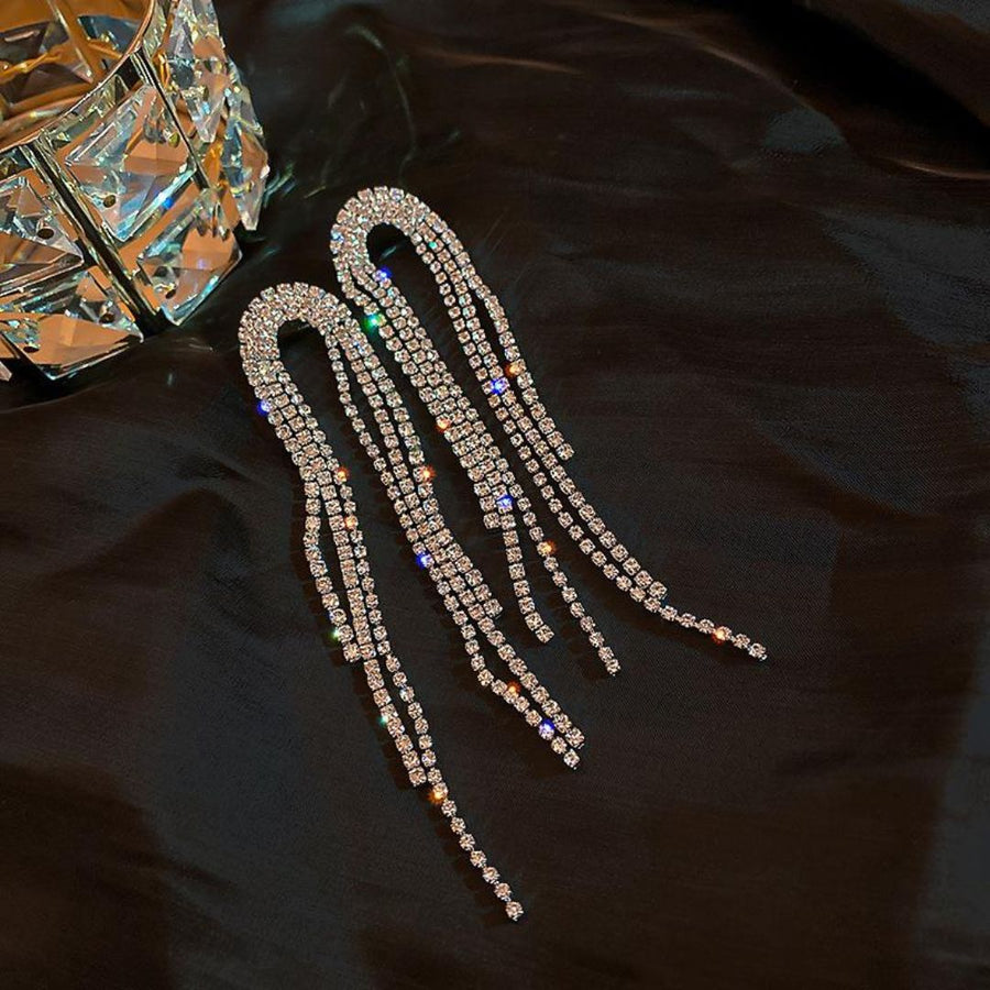 Rhinestone Silver Long Chain Earrings
