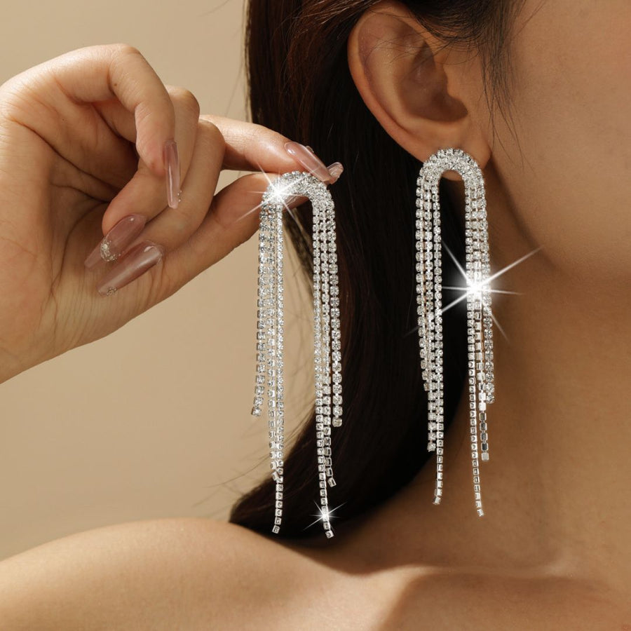 Rhinestone Silver Long Chain Earrings