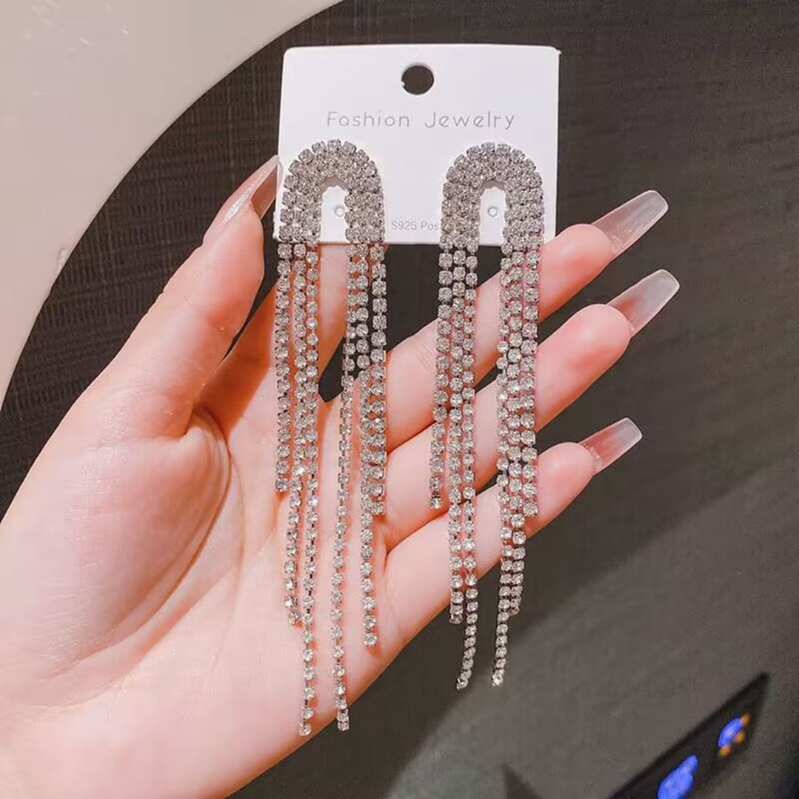 Rhinestone Silver Long Chain Earrings